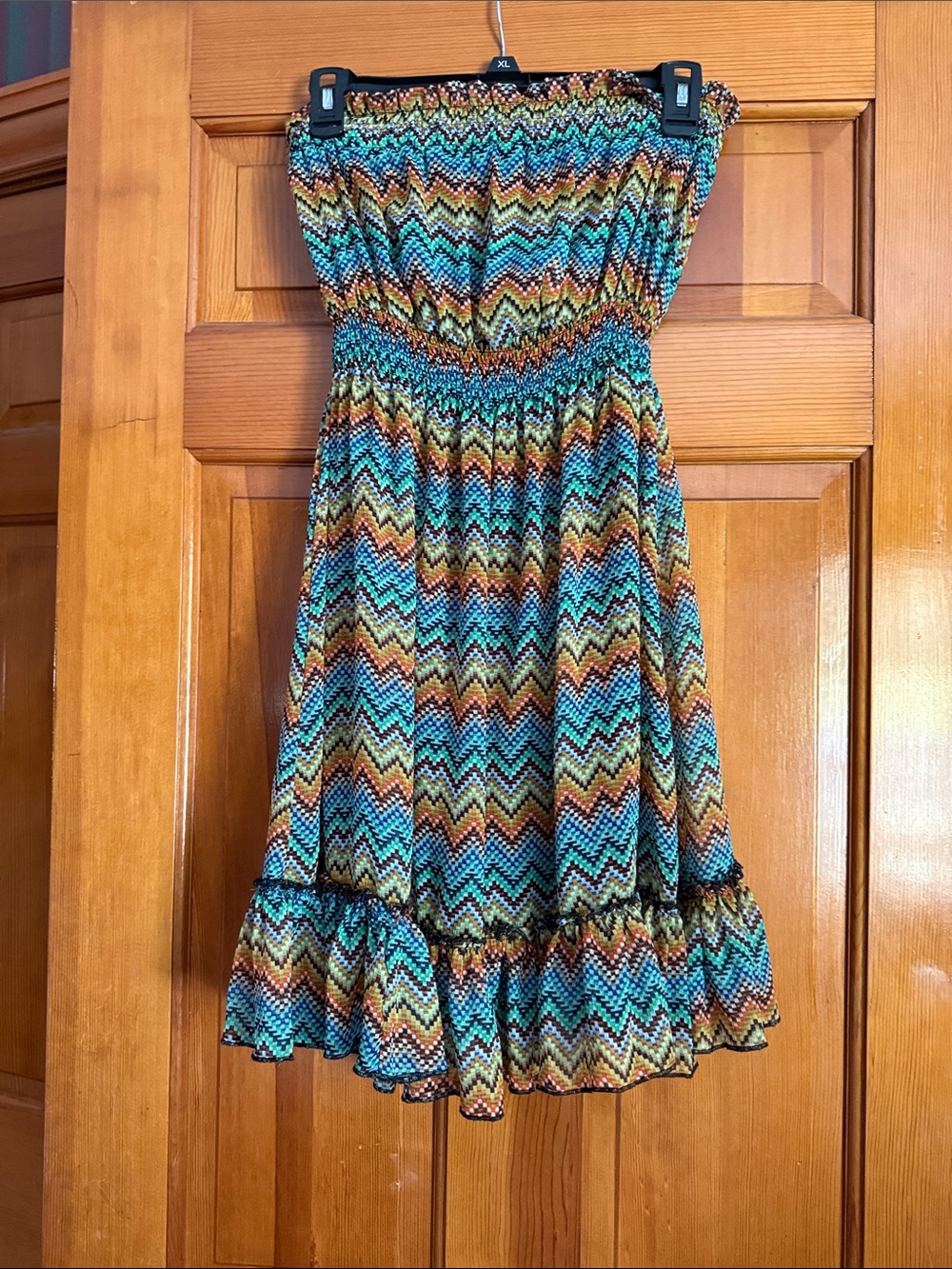 Poetry Multicolor Chevron Strapless Sundress in Teal, Orange & Brown